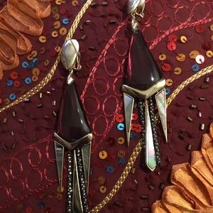 Alexis Bittar Burgundy Lucite Crystal Spear Deco Fringe Clip Earrings